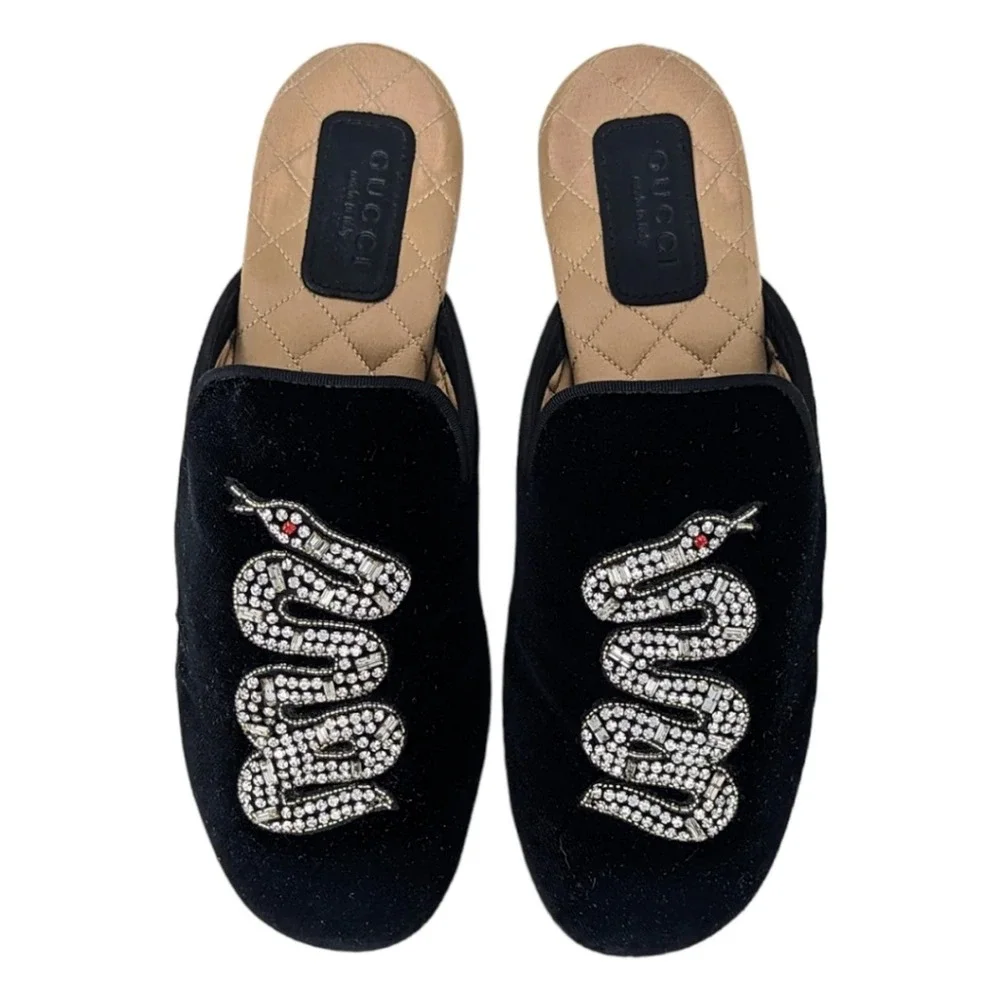 GUCCI Lawrence Princetown crystal jewel silk velvet snake mule slipper black 36